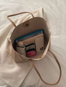 Women's Black Quilted Fashion Large Capacity One Shoulder Tote Bag, Magnetic Closure, Casual Street Style, Suitable For Photography, Daily Commute - Khaki - View 4