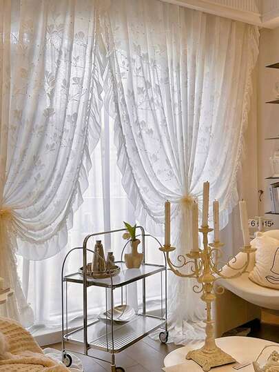 1pc French Rococo Ambiance Cream Jade Magnolia Pearl 3D Relief Sheer Curtain With Ruffle Trim For Living Room