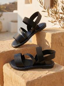 1 Pair Kids Summer Flat Sandals, Elastic Slip-On, Round Toe Open Toe, Dirt-Resistant Versatile Black, Simple And Versatile, Suitable For Beach Vacation And Daily Outings (Size Runs Small, Please Choose The Appropriate Size Based On Inner Length) - Black - View 6