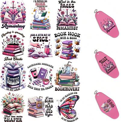 CHNVICK 24pcs Books Style UV DTF Keychains Wrap Transfers, Permanent Rub On Stickers For Keychain Blanks, High Viscosity DIY Transfer Paper For Acrylic & Metal Keyrings (No Keychains, Only Transfer Papers)