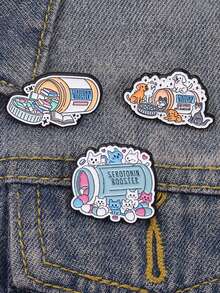 一套血清素提升珐琅胸针，狗狗猫咪书籍图案，卡通风格，提升心理健康，提醒佩戴，送给朋友的礼物 - 彩色 - 查看 6