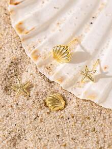 1 par de pendientes de botón con diseño de vida marina bohemio de aleación de zinc con estrella de mar, concha y caballito de mar, regalo de playa y verano, para uso diario - Plateado - Ver 11