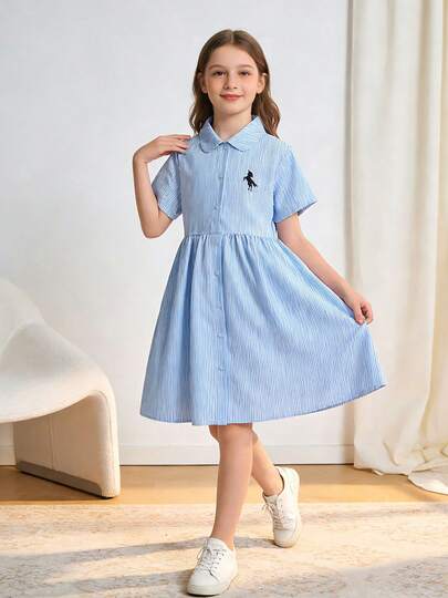 1pc Girls Casual Outdoor Blue & White Striped Doll Collar Cute Campus Style Fresh Rejuvenating Princess Short Sleeve Dress, Summer
