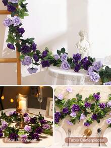 2 dây hoa hồng tím nhân tạo, vòng hoa lụa treo trang trí, thích hợp trang trí nhà cửa, sân vườn, tường, phòng, cổng cưới, phông nền tiệc sinh nhật, bàn tiệc, lều, gương, vòng hoa mùa xuân. - Màu tím - Xem 10