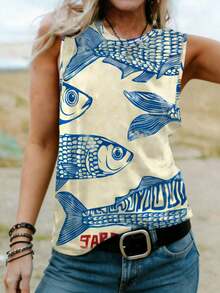 波西米亚海滩风女士热带鱼印花休闲圆领无袖上衣，适合春夏穿着 - 杏色 - 查看 7