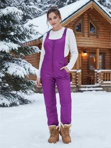 Women Ski Jumpsuit Insulated Waterproof Overalls Winter Warm Snowboarding Pants Adjustable Strap Snow Bib Jumpsuits - 紫色 - 查看 1