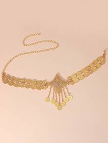 Esta corrente de cintura com pingentes de diamantes é feita de liga de zinco banhada a ouro, decorada com pingentes de moedas gravadas em tom dourado e diamantes, tornando-a a escolha ideal para a cintura da noiva romântica em casamentos, banquetes e bailes. - Estilo de cinto com pingente de liga de diamante - Ver 9