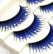 5 Pairs Blue Fluffy False Eyelashes With Rhinestone 3D Shiny Long And Thick Exaggerated False Eyelashes Extension Handmade Grafting Dramatic Fake Eyelashes Makeup Eye Lashes For Women And Girls - trắng - Xem 2
