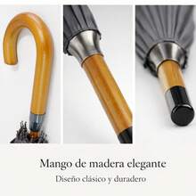 Paragua Clasica Grande Largo  Automatico Antiviento Tamaño para mujer y hombre, Impermeable, Mango Curvo, Resistente al Viento. Ideal para los dias de Lluvia.Paragua grande con mango de madera - Liso Azul - antiviento 16 varillas - Ver 4