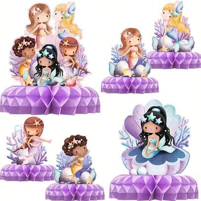 6件装，纸盒美人鱼蜂窝状中心装饰品，海底美人鱼主题纸质蜂窝状中心装饰品，桌面摆件，非常适合美人鱼主题的迎婴派对和生日派对装饰。