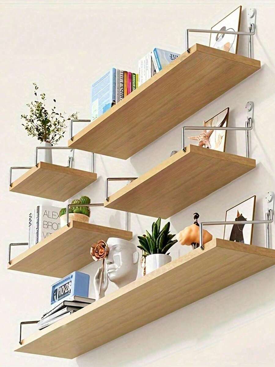 1 buah Rak Gantung Dinding Tanpa Bor, Rak Buku untuk Tanaman, Dekorasi, Kamar Asrama, Rak Penyimpanan Kayu yang Dipasang di Dinding - Kuning - View 1