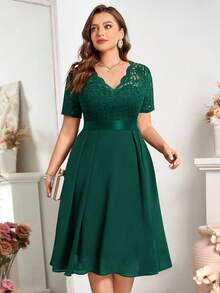 Đầm xòe chữ A bằng chiffon in họa tiết ren, cổ chữ V, cỡ lớn, thích hợp cho các bữa tiệc bán trang trọng, Ngày Valentine, mùa hè, sinh nhật, lễ tốt nghiệp, tựu trường. - Màu xanh lá cây đậm - Xem 7