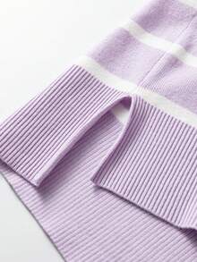 CILKOO Atasan Rajut Lengan Pendek Leher Bulat dengan Belahan Samping Bergaris untuk Wanita, Musim Gugur dan Musim Panas - Mauve Purple - View 7