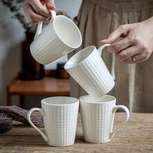 4pcs White Square Cups Set, Minimalist Embossed Ceramic Mugs, Household Tea Cups - White - View 9
