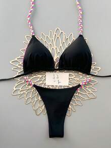 两件套几何与热带花卉印花泳衣，休闲可爱优雅性感波西米亚风系带比基尼，适合春夏海滩度假，女士套装，沙滩装，女士比基尼，女士沙滩套装 - 黑色 - 查看 3