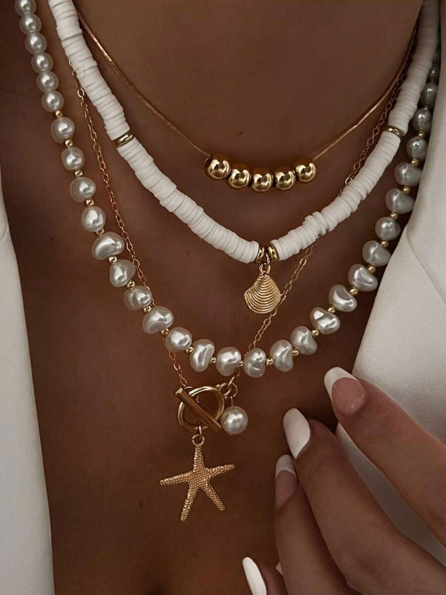1 Set de 3 o 4 piezas de collar con colgante de aleación de zinc con conchas y estrellas de mar con perlas ABS falsas, regalo de vacaciones de verano y uso diario - Amarillo Oro - Ver 1