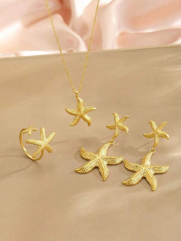 4pcs/Set Delicate Popular Stainless Steel Chain Starfish Five-Pointed Star Decor Necklace Drop Earrings & Ring For Girls Summer Beach Party Vacation Jewelry Accessory Gift For Daily Wear