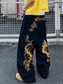Infinite Jeans 1pc American Street Style Embroidered Men's Loose Fit Wide Leg Jeans, Comfortable Versatile Long Pants For All Seasons (Product Does Not Include Belt And Accessories) - Black - View 3
