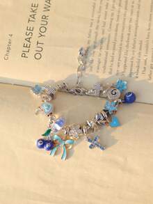 1pc Blue Lucky 8 Ball Charm Bracelet, 1pc Cute Cherry 8 Ball Bracelet, 1pc Adorable Bow & Heart Bracelet, 1pc Cherry Blossom Heart Bracelet - Silver - View 10