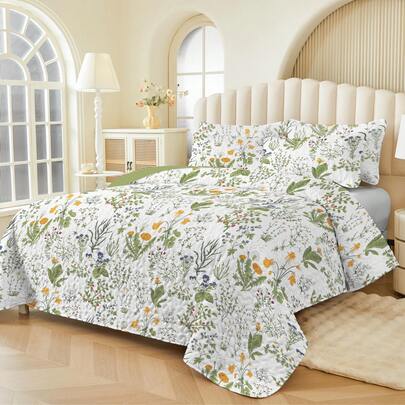 2/3pcs Bedding Set (1 Bedspread + 1/2 Pillowcase), Digital Green Plant Print, Soft & Comfortable, Fashionable & Fresh, Suitable For Hotel, Bedroom, Dorm, All Seasons