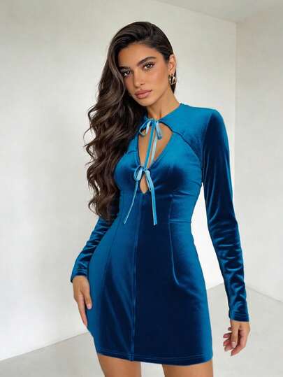 1pc Solid Color Elegant Tie-Up Hollow-Out Long Sleeve Dress For Women, Suitable For Vacation, Party, Date, Travel, Spring/Summer