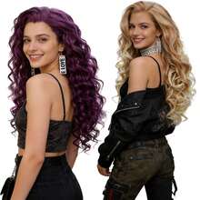 长卷曲灰金色渐变铂金色、蜂蜜金色渐变紫色耐热合成蕾丝前假发，蓬松波浪，无胶自然发际线，适合女性日常、派对、角色扮演，柔软蓬松，逼真长卷发，13*1.5自由分缝高清蕾丝假发，高密度 - 彩色 - 查看 1