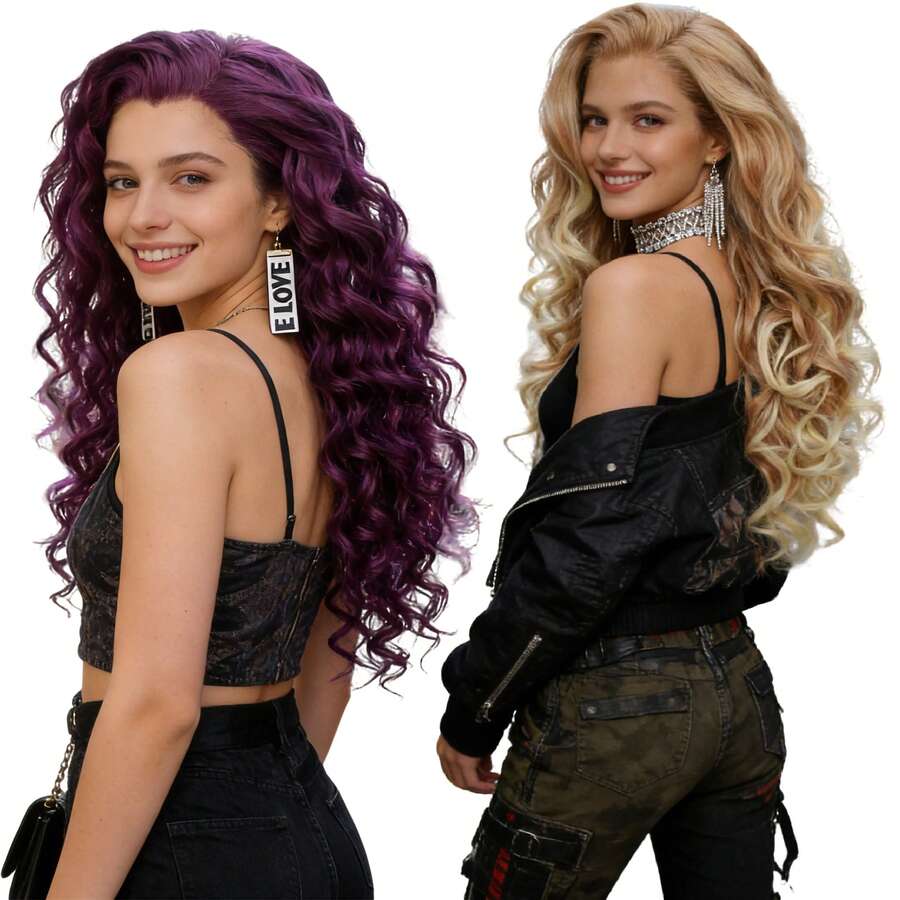 长卷曲灰金色渐变铂金色、蜂蜜金色渐变紫色耐热合成蕾丝前假发，蓬松波浪，无胶自然发际线，适合女性日常、派对、角色扮演，柔软蓬松，逼真长卷发，13*1.5自由分缝高清蕾丝假发，高密度 - 彩色 - 查看 1