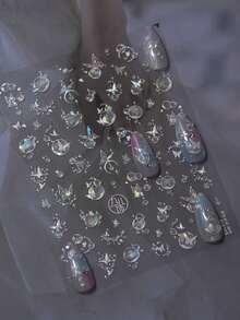 1片法式果冻美甲贴纸，梦幻泡泡流星蝴蝶星星月亮图案，自粘式，适用于美甲DIY装饰，美甲用品。 - 彩色 - 查看 2