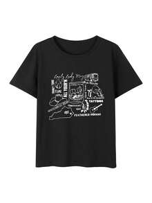 Camiseta de manga corta con cuello redondo para mujeres. Estilo casual, con diseño moderno y estampado, cómoda y transpirable. Ideal para hombres y mujeres, perfecta para parejas. Camiseta con estampado elegante de manga corta, también disponible en talla media-corta, cómoda y respirable. - Negro - Ver 2