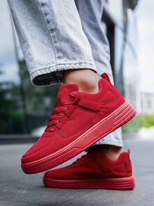 Men's Solid Red Leather Patchwork Sneakers, Classic Lace-Up Retro Casual Walking Commuting Flat Shoes - Red - View 9