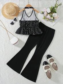 Conjunto de 2 piezas de top sin mangas con estampado de lunares y pantalones acampanados de unicolor para niñas, estilo casual para primavera/verano - Negro - Ver 3