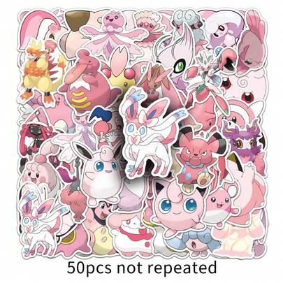  50PCs Waterproof Vinyl Pink Pokemon Stickers - Cute Cartoon Patterns, Suitable For Notebooks, Water Bottles, Skateboard, Helmet, Scrapbooks, Etc.