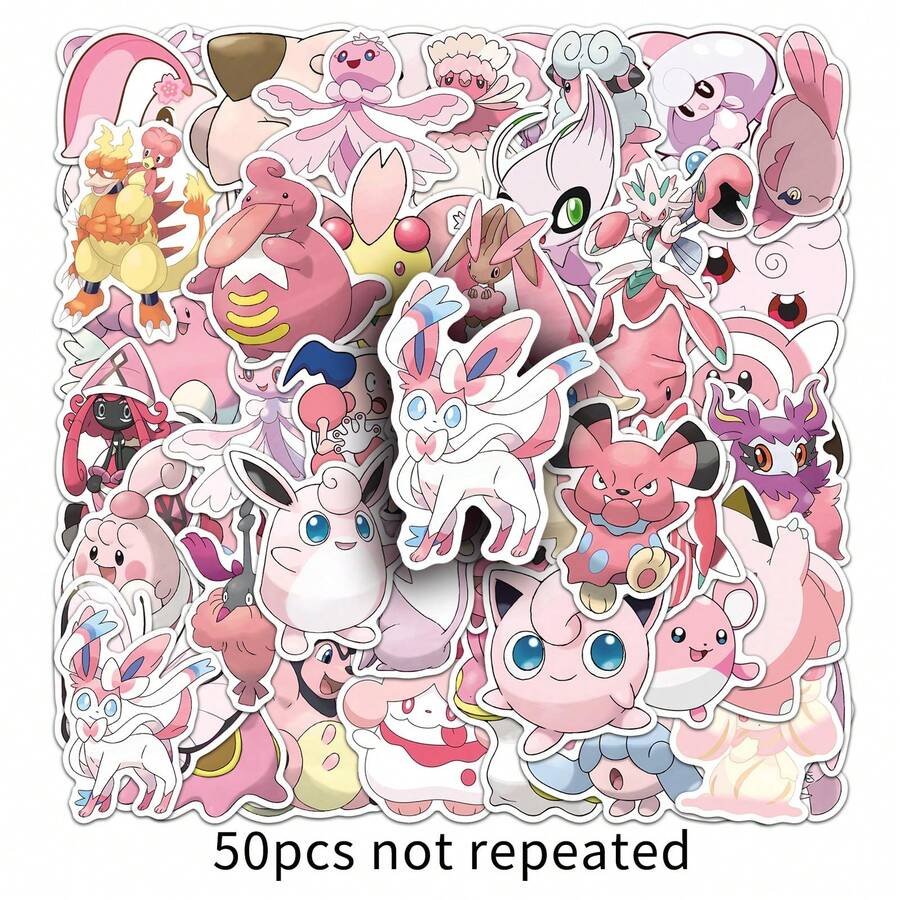 pokemon 50张防水粉色宝可梦乙烯基贴纸 - 可爱卡通图案，适用于笔记本、水瓶、滑板、头盔、剪贴簿等。 - 單件 - 查看 1