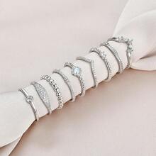 14K Silver Plate StacFKing Rings Set For Women V Opal Flower CZ Rings Simple Thumb Thin Stackable Rings Silver Statement Rings Plain Band Size 4-11 - SilverTone - View 8