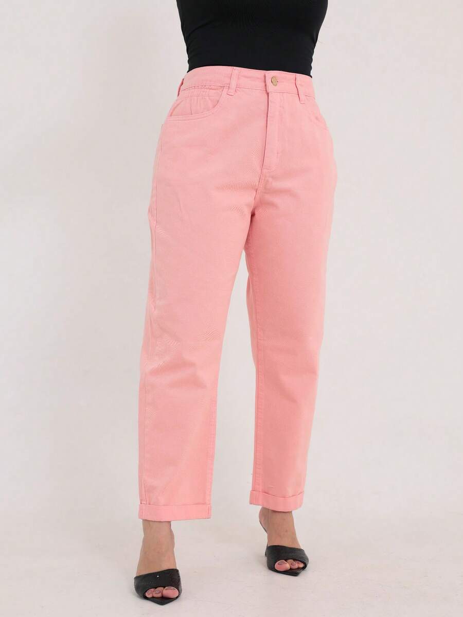 Calça Feminina Sarja Mom Bolso Detalhe Elástico Funcional Barra Dobrada Estilo Clássico Básica Luxo Social Cós Alto Candy Color Confortável Dia a Dia Escritório Noite Festa Rosa Liberdade de Movimento
