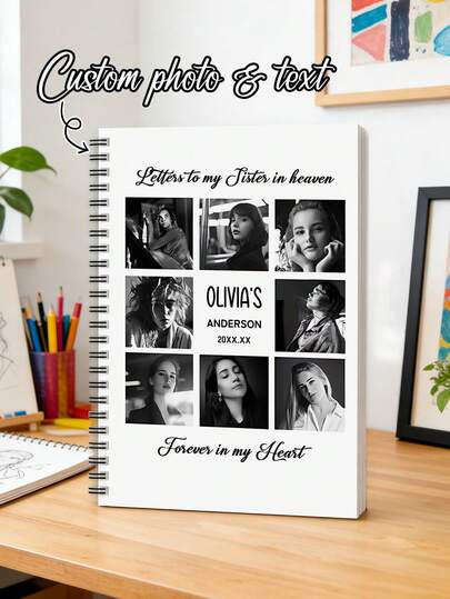 1 pieza Cuaderno espiral conmemorativo personalizado con foto y texto, "Cartas a mi ser querido en el cielo" Cuaderno de fotos personalizado, Diario de sanación del duelo, Diseño de collage de fotos en blanco y negro, Regalo conmemorativo