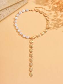 1pc Fashion Asymmetrical Faux Pearl Hammered Disc Choker Necklace, Y-Shaped Minimalist Necklace Jewelry, Suitable For Daily Wear, Music Festivals And Photo Shoots - Multicolor - View 2