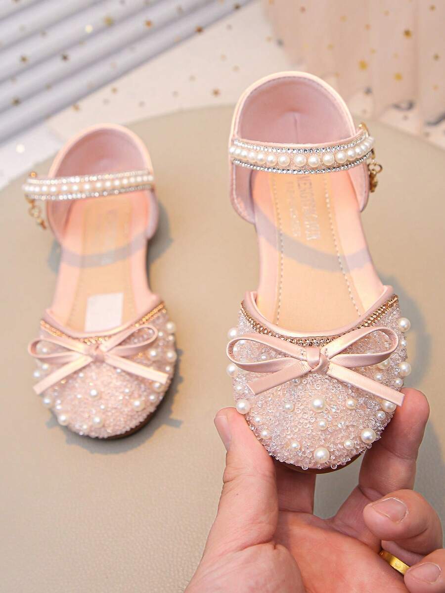 Girls' Glitter Dress Sandals, Low Heel Crystal Princess Flower Flat Shoes, Suitable For Weddings And Parties - Pink - View 1