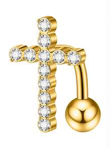 1PC Stainless Steel Reverse Zirconia Cross Belly Button Ring 14G Zirconia Dangle Reverse Navel Piercing Hook Piercings Jewelry - As Shown - View 12