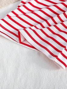 Baby Girls Collared Shirt With Heart Embroidery & Striped Pattern, Paired With Simple Pleated Skirt, Casual Summer Outfit For Little Girls - Red - View 5