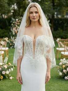 YOUKEFEIER 蕾丝刺绣串珠露肩深V领鱼尾长裙，性感紧身婚纱 - 米色 - 查看 7