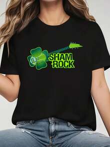 Shamrock Guitar Shirt St Patricks Day Rock Band Shamrockin T-Shirt Women's Clothing Graphic Tee St. Patrick'S Day Graphic T-Shirt All-Season Casual Wear Comfortable, Soft Short Sleeve Crew Neck 100%Cotton - Black - View 6