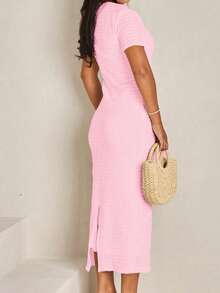 Unadoll 女士春季短袖圆领拉链连衣裙，饰有纽扣，后开衩设计，优雅迷人，适合约会、通勤、婚礼、情人节、生日和正式场合，粉色夏季款 - 粉色 - 查看 6