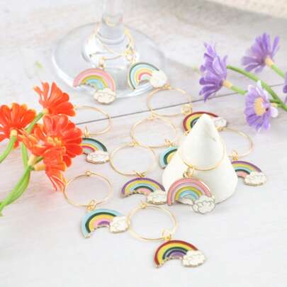 6/10pcs 25mm Colorful Rainbow Wine Glass Identifiers, Suitable For Theme Parties, Birthdays, Weddings, Bridal Showers, Fashionable Gatherings, Perfect Gift For Family, Friends, Wife, Positive Support Gift