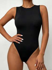 ChicMe Áo liền quần không tay cổ tròn ôm sát dành cho nữ, kiểu dáng cơ bản thường ngày. - màu đen - Xem 3