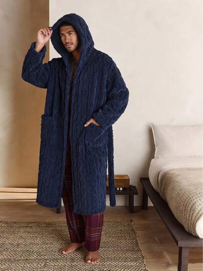 1pc 260gsm Extra Long & Wide Double Layer Hooded Bathrobe With Waist Tie & Pockets, Multi-Color & Size, Warm For Early Spring, Machine Washable, Unisex