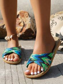 Damen modische einfarbige rutschfeste atmungsaktive bunte gewebte Sandalen, vielseitig für den Sommer - Blau - Übersicht 2