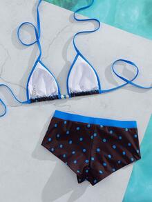 Sultry Sol Bộ bikini nữ màu vàng chấm bi kiểu retro, đồ bơi phối màu cổ điển, thích hợp cho các buổi đi chơi, tiệc sinh nhật, trang phục thường ngày, phong cách Y2K, phong cách những năm 2000, thanh lịch, phong cách quý tộc xưa, thời trang đường phố, kỳ nghỉ, trang phục đi biển mùa hè. - Màu xanh đậm - Xem 9