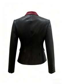 春季PU皮夹克，修身时尚外套 - 酒紅色 - 查看 5