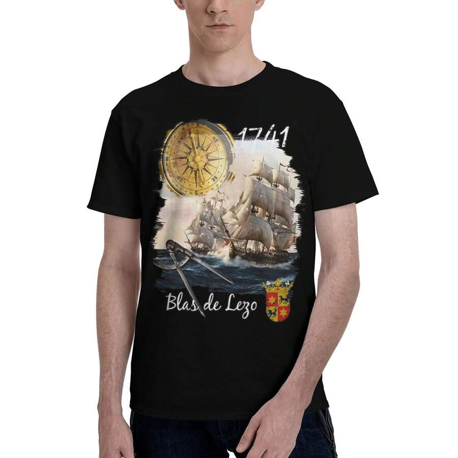 Vintage Nautical Ship Print Men's T-Shirt, Unisex T-Shirt, 100% Cotton, Regular Fit Casual Shirt For Casual Wear, Machine Washable, Urban Streetwear - Black - View 1